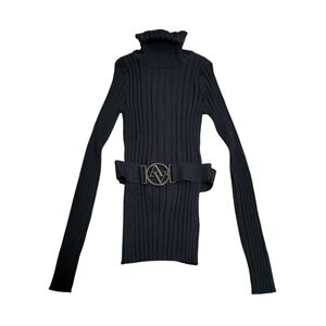 Adrienne Vittadini Black Ribbed Sweater Buckle Belt Size M Y2K Turtleneck